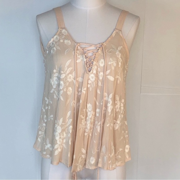BLUSH crepe floral embroidery tassel tie flowy flirty top S - Picture 1 of 8